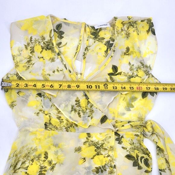 Calvin Klein Sheer Maxi Dress Size 6 Yellow Floral Chiffon High Low Faux Wrap - Picture 9 of 10